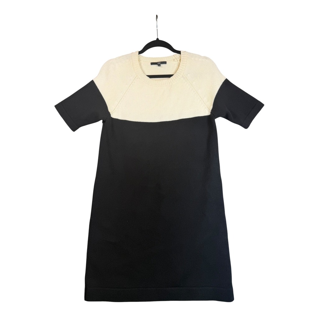 Tibi New York Colorblock Knit Shift Dress Black Cream Short Sleeve Womens M